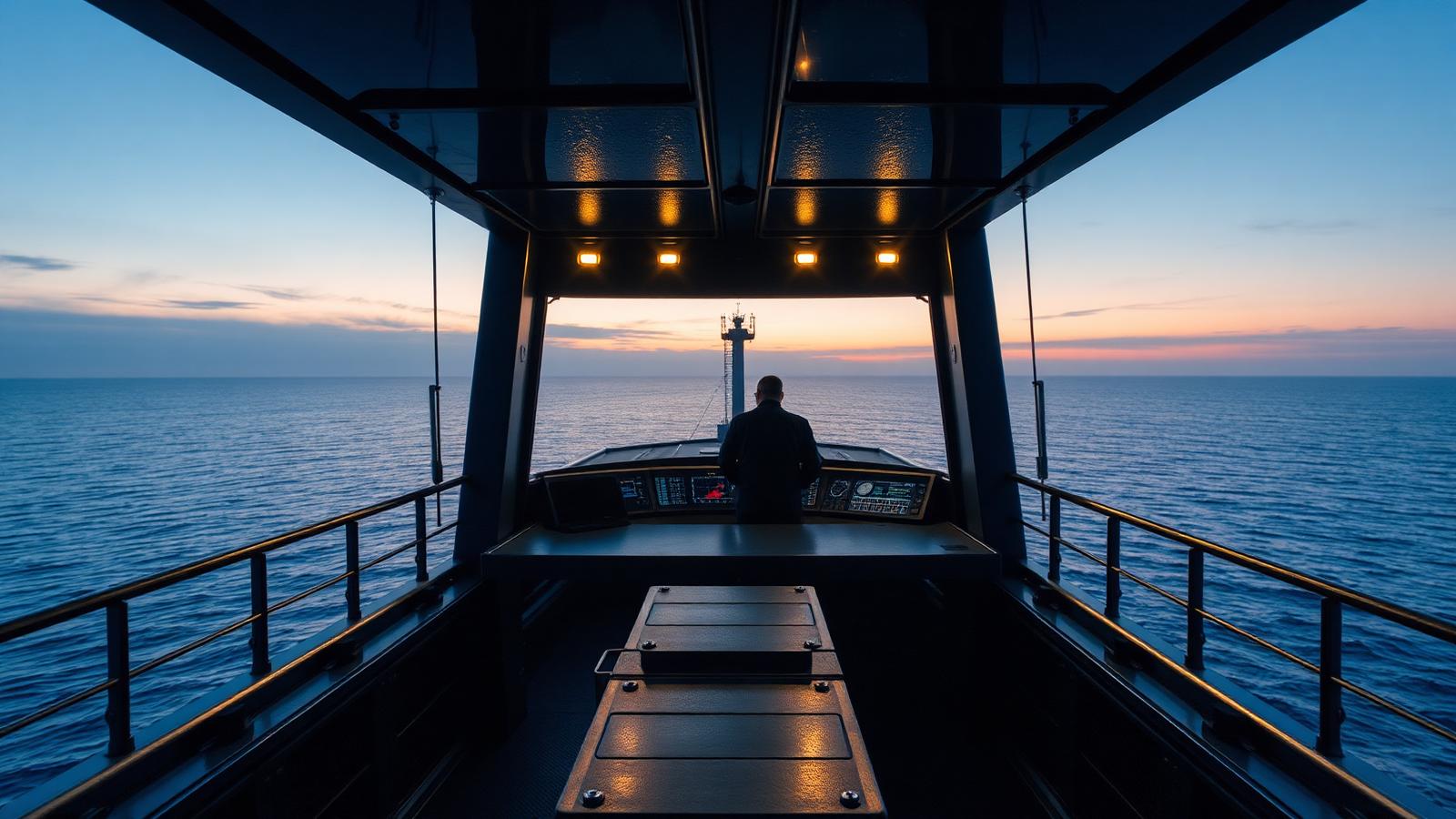 Ship's bridge at dawn with an officer on watch